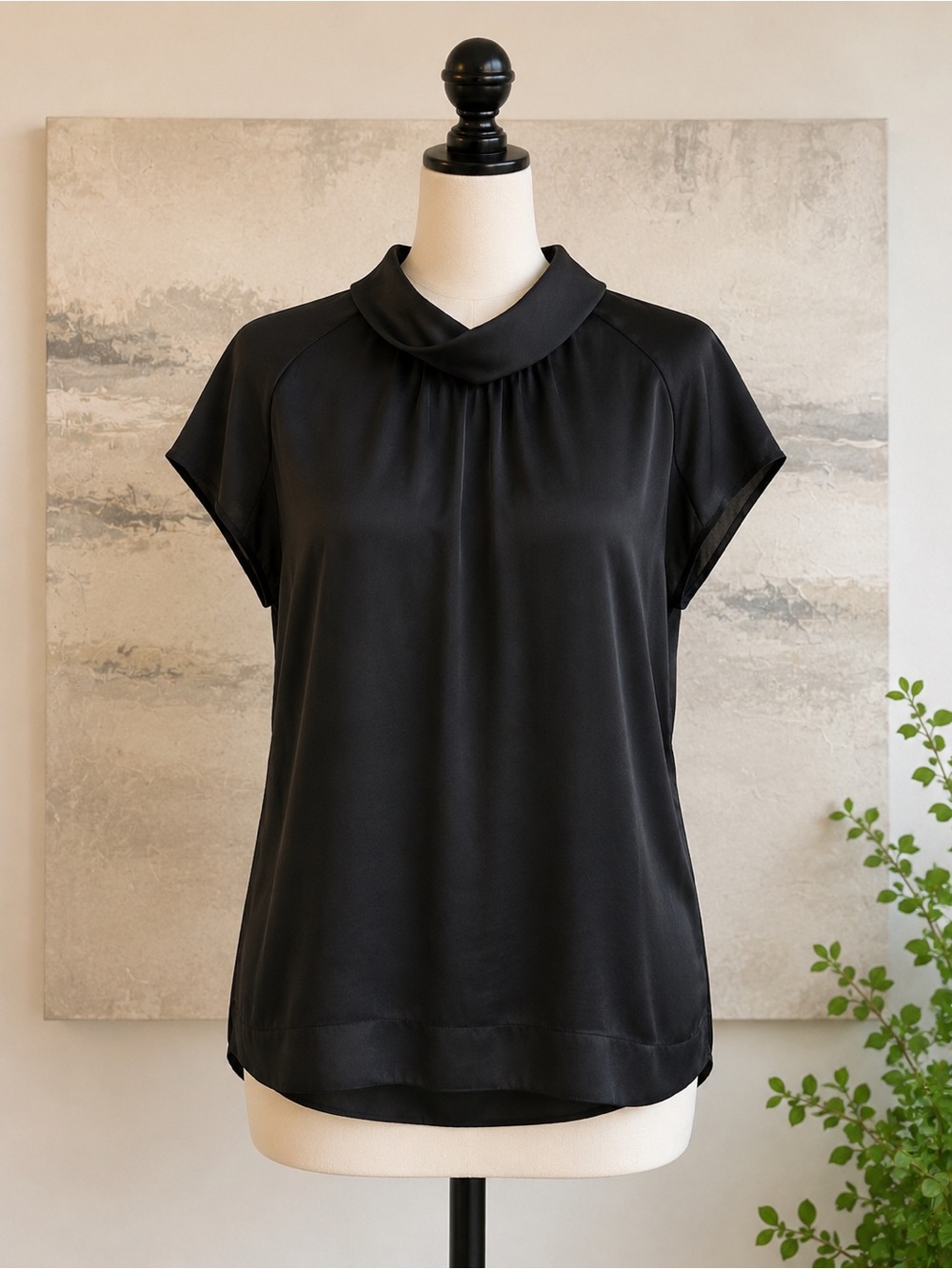 CHAUS Black Satin Mock Neck Blouse Medium Cap Sleeve High Neck Draped Career Top